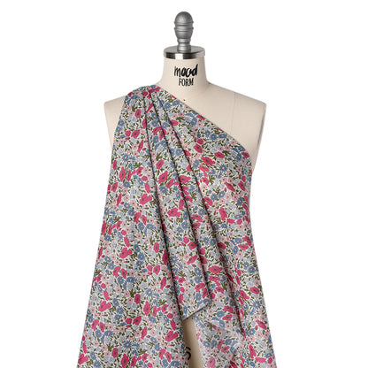 Liberty Fabrics Tana Lawn® - Poppy & Daisy Pink - Baby Pink, Light Blue and Olive Green Fine Lined Illustrated Florals