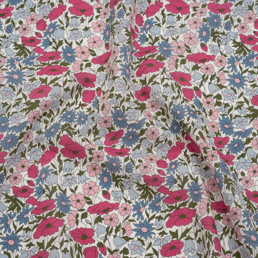 Liberty Fabrics Tana Lawn® - Poppy & Daisy Pink - Baby Pink, Light Blue and Olive Green Fine Lined Illustrated Florals