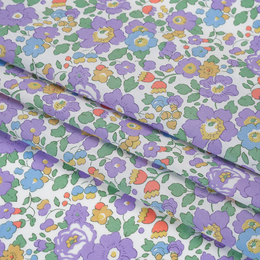 Liberty Fabrics Tana Lawn® - Betsy Purple - Lavender, Baby Blue and Emerald Green Floral - Folded