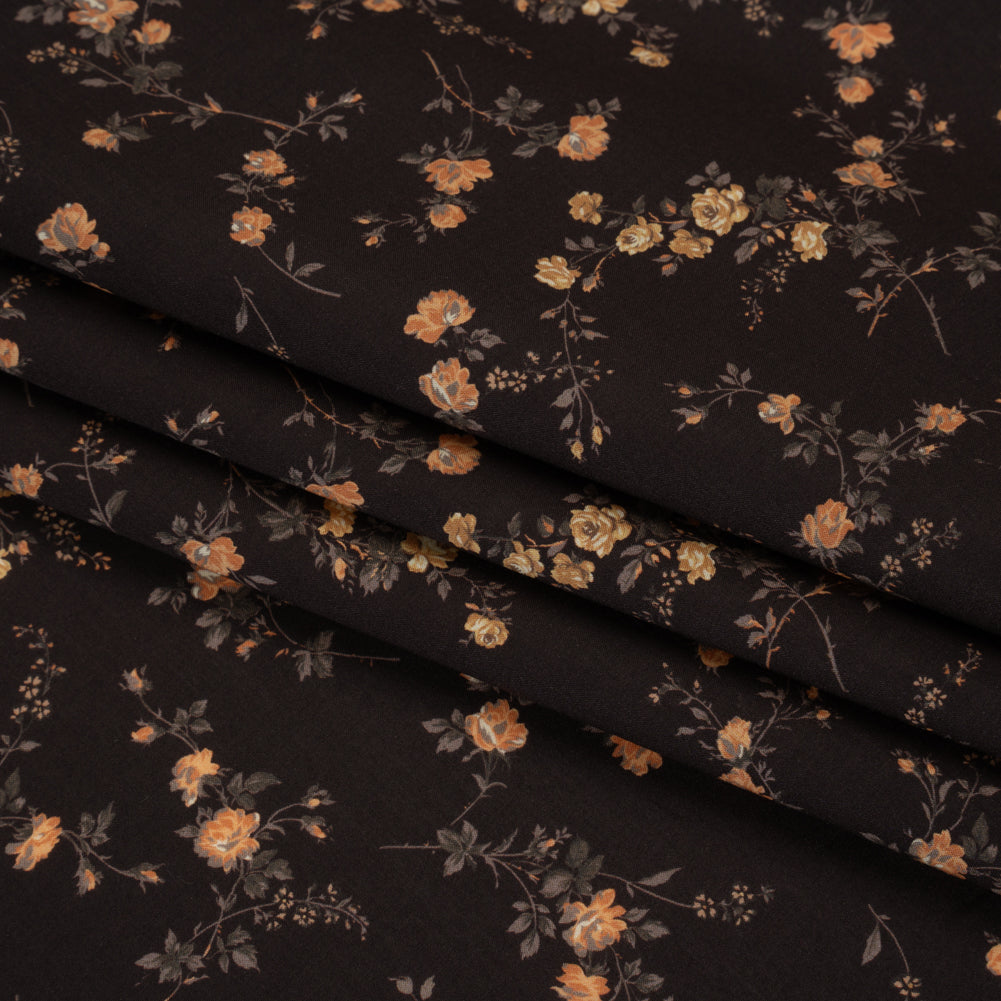 Liberty Fabrics Tana Lawn® - Elizabeth Brown - Brown, Yellow and Dark Green Scattered Flowers Folded