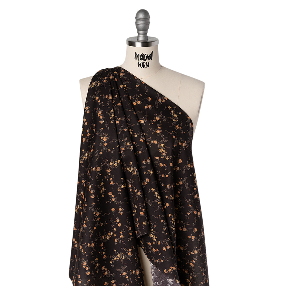 Liberty Fabrics Tana Lawn® - Elizabeth Brown - Brown, Yellow and Dark Green Scattered Flowers Drape