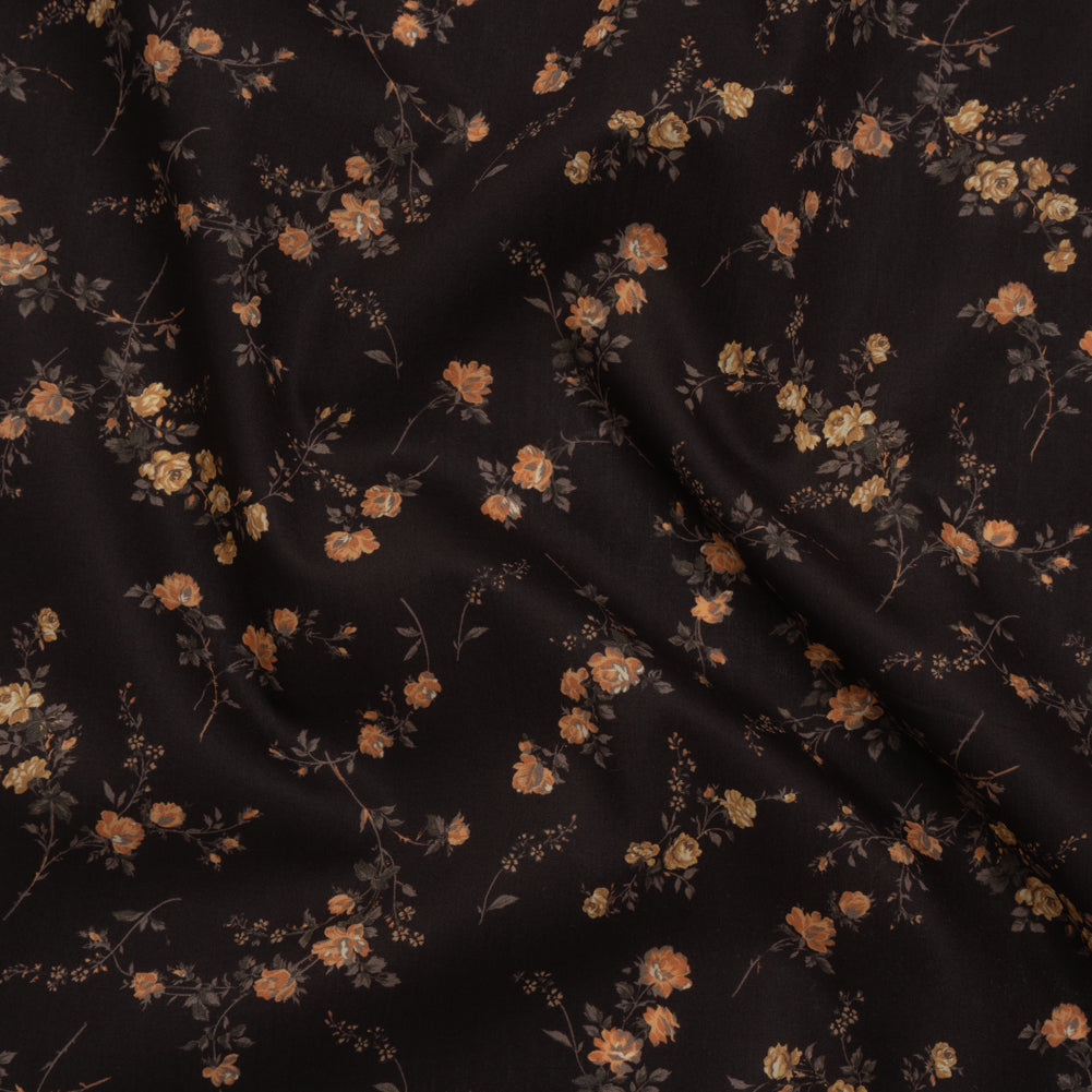 Liberty Fabrics Tana Lawn® - Elizabeth Brown - Brown, Yellow and Dark Green Scattered Flowers