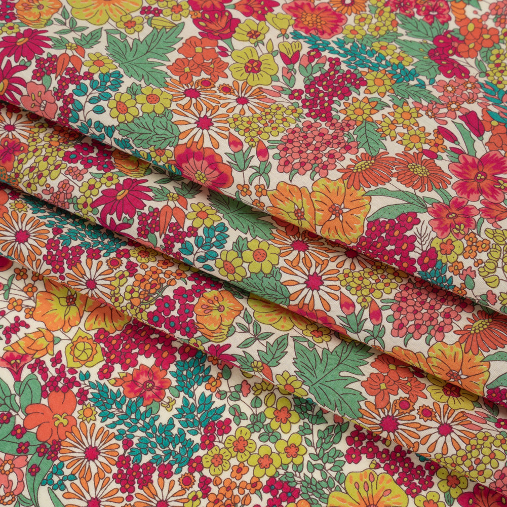 Liberty Fabrics Tana Lawn® - Margaret Annie Pink - Bright Pink, Orange and Yellow Hand Drawn Florals - Folded