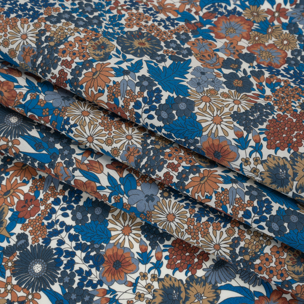 Liberty Fabrics Tana Lawn® - Margaret Annie Blue - Brown, Blue and Beige Hand Drawn Florals Folded