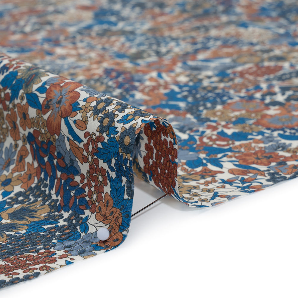 Liberty Fabrics Tana Lawn® - Margaret Annie Blue - Brown, Blue and Beige Hand Drawn Florals Detail