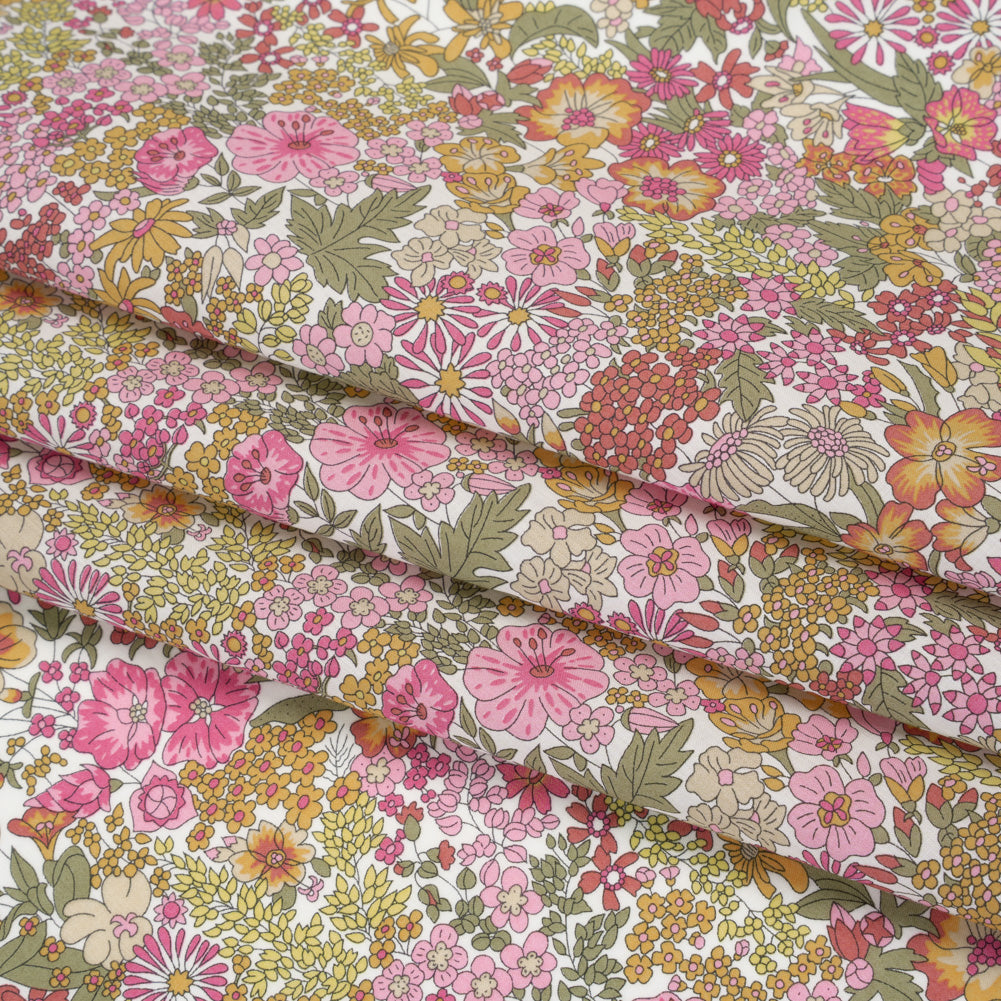Liberty Fabrics Tana Lawn® - Margaret Annie Light Pink - Baby Pink, Light Orange and Sage Green Hand Drawn Florals Folded