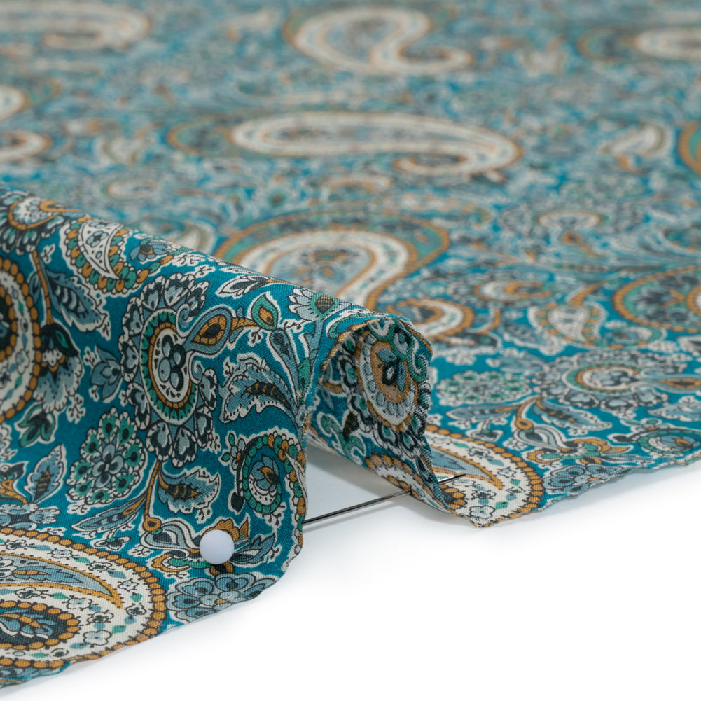 Liberty Fabrics Tana Lawn® - Lee Manor Blue Turquoise - Turquoise, Green and Orange Paisley - Detail