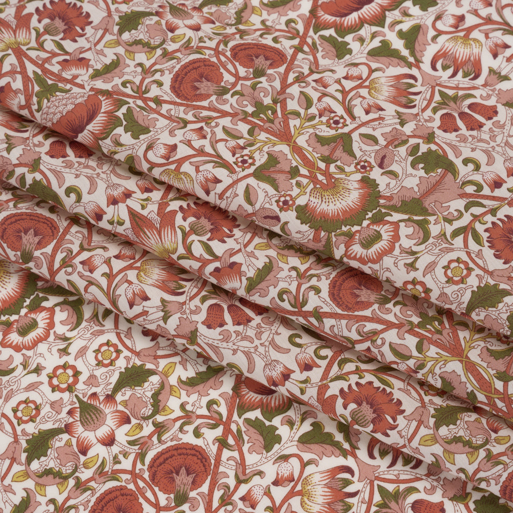 Liberty Fabrics Tana Lawn® - Lodden Rust - Strawberry Red, Pink and Olive Green Arts and Crafts Floral - Folded
