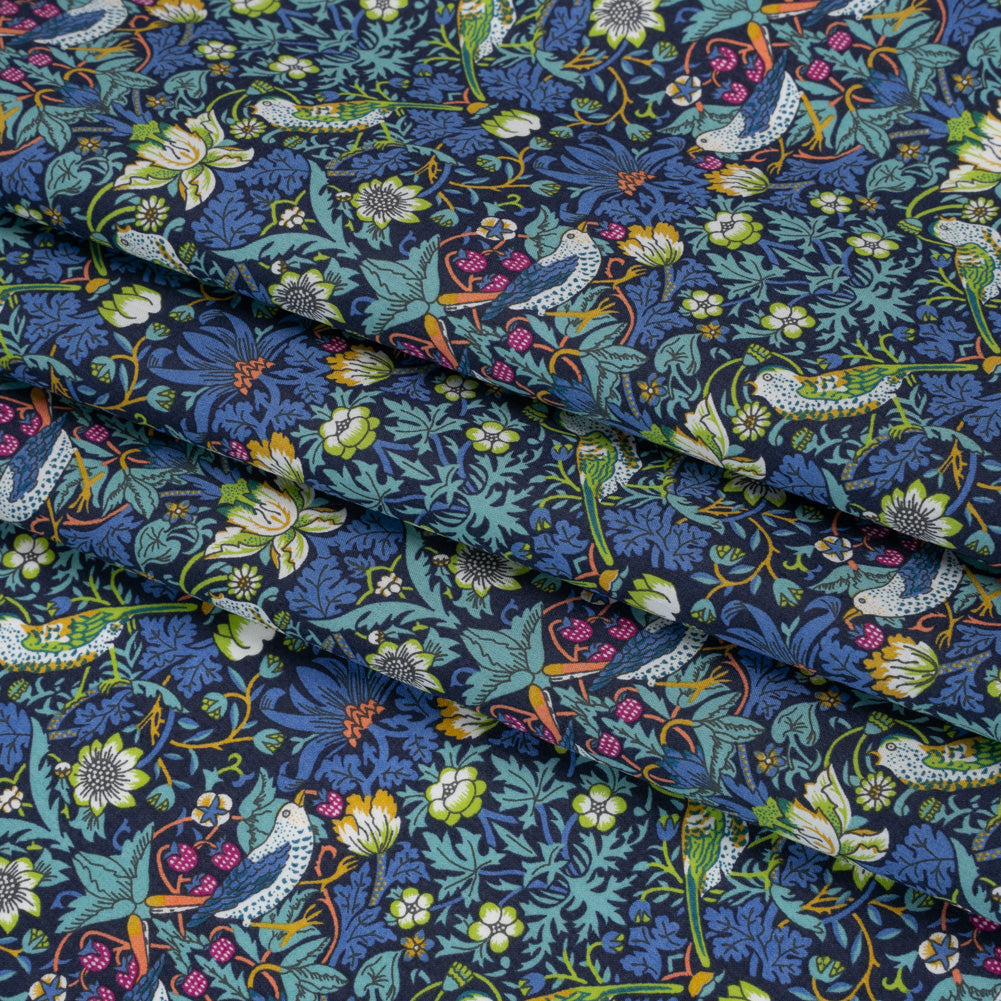 Liberty Fabrics Tana Lawn® - Strawberry Thief Dark Blue - Blue, Lime Green and Berry Pink Birds, Berries and Flowers