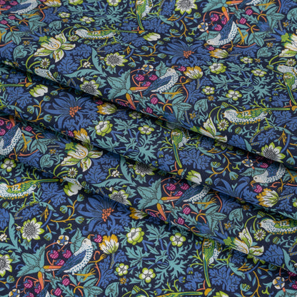 Liberty Fabrics Tana Lawn® - Strawberry Thief Dark Blue - Blue, Lime Green and Berry Pink Birds, Berries and Flowers