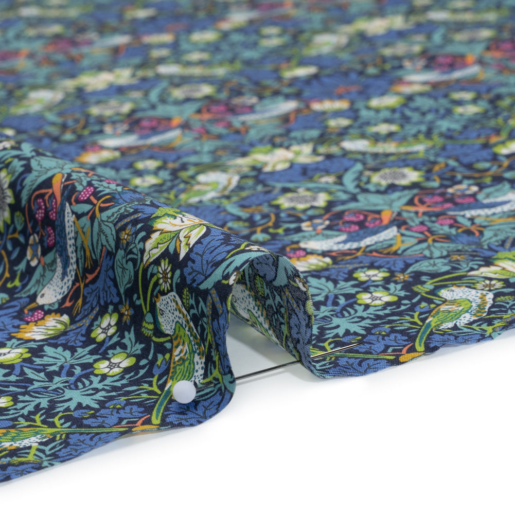 Liberty Fabrics Tana Lawn® - Strawberry Thief Dark Blue - Blue, Lime Green and Berry Pink Birds, Berries and Flowers