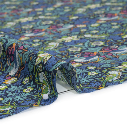 Liberty Fabrics Tana Lawn® - Strawberry Thief Dark Blue - Blue, Lime Green and Berry Pink Birds, Berries and Flowers