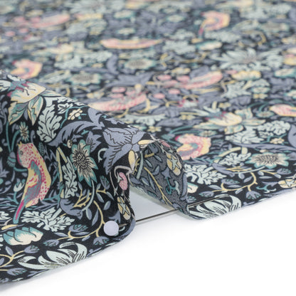 Liberty Fabrics Tana Lawn® - Strawberry Thief Gray - Charcoal, Blue and Pink Birds, Berries and Flowers Detail