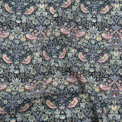 Liberty Fabrics Tana Lawn® - Strawberry Thief Gray - Charcoal, Blue and Pink Birds, Berries and Flowers