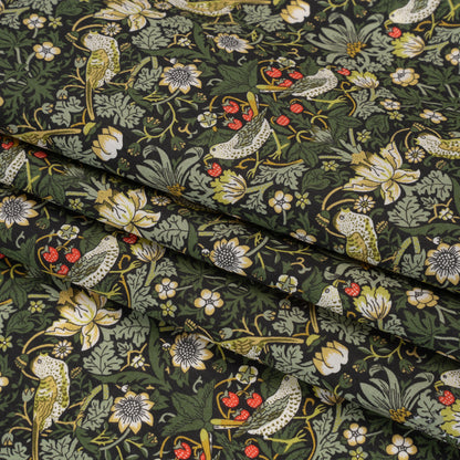 Liberty Fabrics Tana Lawn® - Strawberry Thief Dark Green - Forest Green, Yellow Ochre and Red Birds, Berries and Flowers