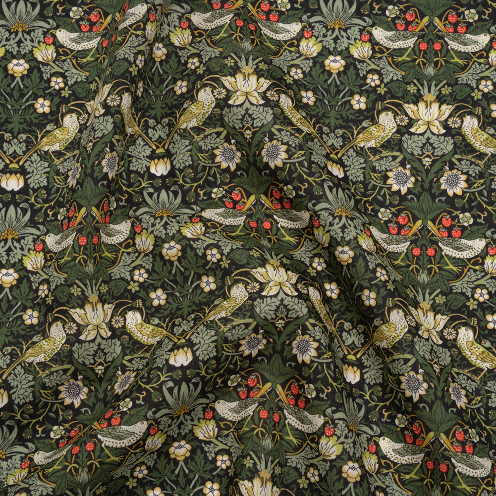 Liberty Fabrics Tana Lawn® - Strawberry Thief Dark Green - Forest Green, Yellow Ochre and Red Birds, Berries and Flowers