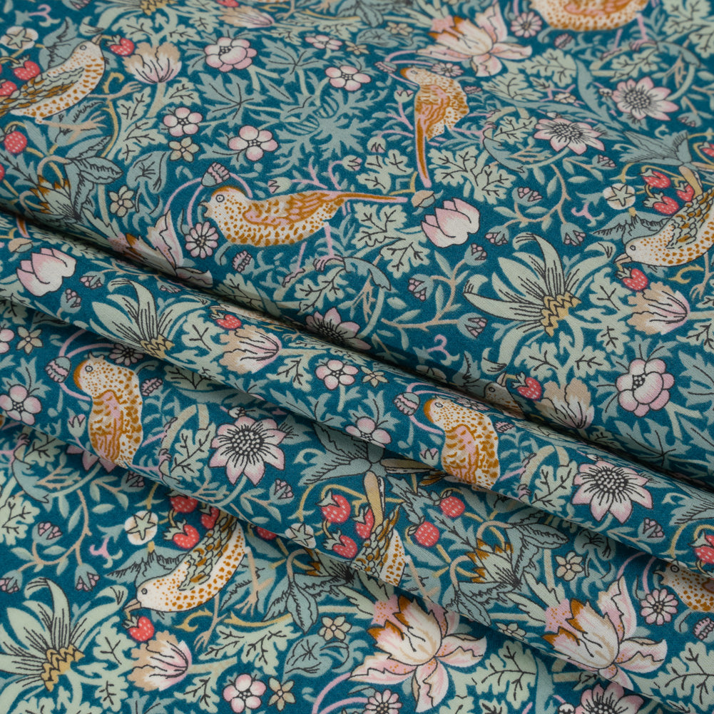 Liberty Fabrics Tana Lawn® - Strawberry Thief Turquoise Blue - Teal, Mint Green and Rust Orange Birds, Berries and Flowers - Folded