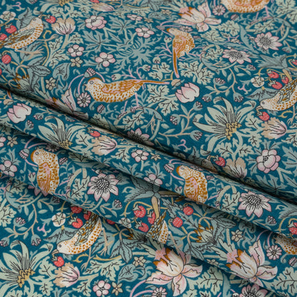 Liberty Fabrics Tana Lawn® - Strawberry Thief Turquoise Blue - Teal, Mint Green and Rust Orange Birds, Berries and Flowers