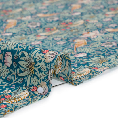 Liberty Fabrics Tana Lawn® - Strawberry Thief Turquoise Blue - Teal, Mint Green and Rust Orange Birds, Berries and Flowers