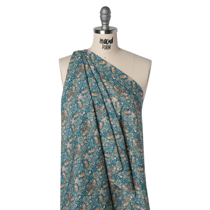 Liberty Fabrics Tana Lawn® - Strawberry Thief Turquoise Blue - Teal, Mint Green and Rust Orange Birds, Berries and Flowers