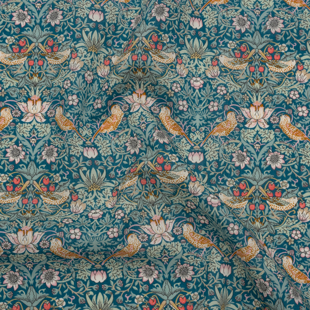 Liberty Fabrics Tana Lawn® - Strawberry Thief Turquoise Blue - Teal, Mint Green and Rust Orange Birds, Berries and Flowers