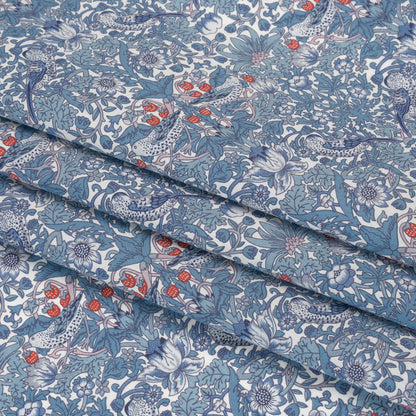 Liberty Fabrics Tana Lawn® - Strawberry Thief Spring Blue - Muted Blue Green, Navy and Red Birds, Berries and Flowers Folded