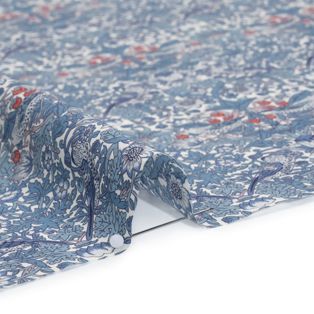 Liberty Fabrics Tana Lawn® - Strawberry Thief Spring Blue - Muted Blue Green, Navy and Red Birds, Berries and Flowers Detail