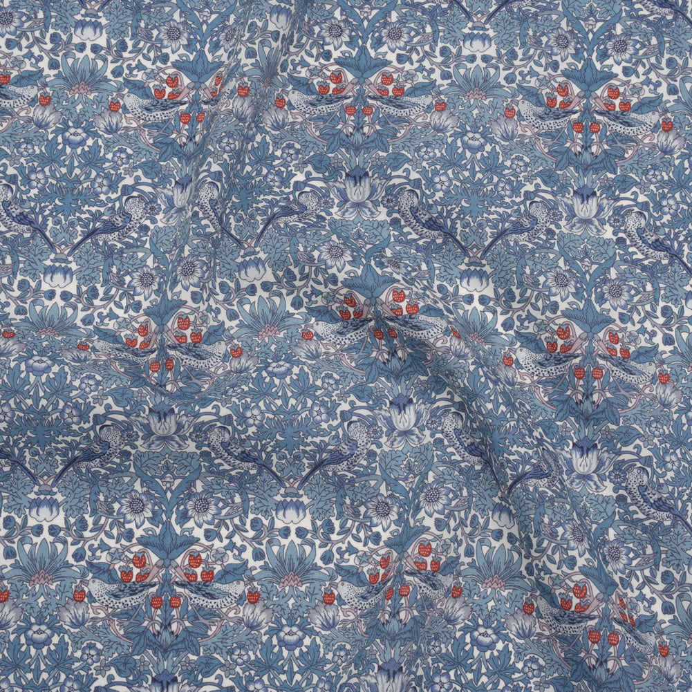 Liberty Fabrics Tana Lawn® - Strawberry Thief Spring Blue - Muted Blue Green, Navy and Red Birds, Berries and Flowers