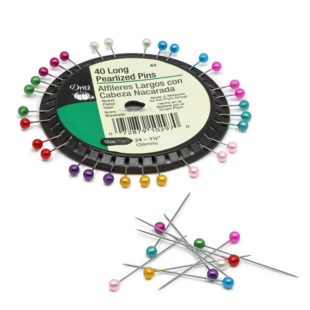 Dritz Long Pearlized Pins - 1.5" Assorted Colors - 40 ct Full