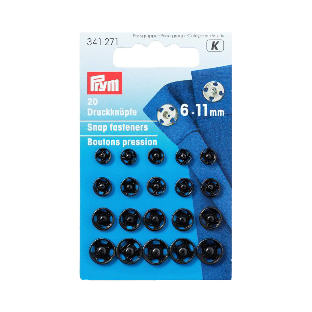 Prym Sew-On Snap Fasteners - Black Assorted 6-11mm - 20 ct