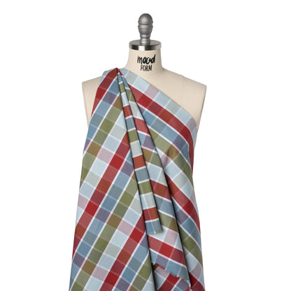 Cotton Oxford Shirting - Country Blue, Red, and Olive Green Plaid - Deadstock