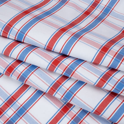 Cotton Oxford Shirting - Sky Blue, Tango Red and White Plaid - Deadstock