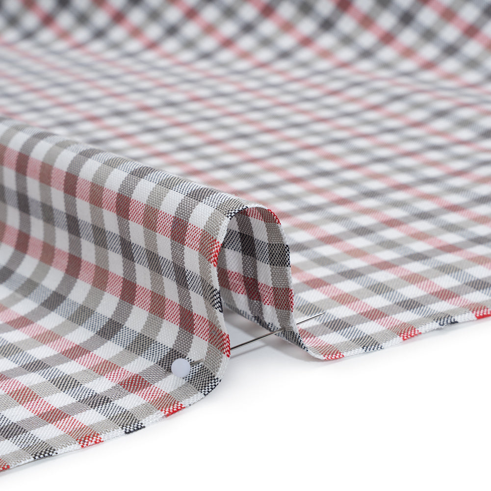 Cotton Oxford Shirting - Charcoal, Warm Gray and Red Checks - Deadstock