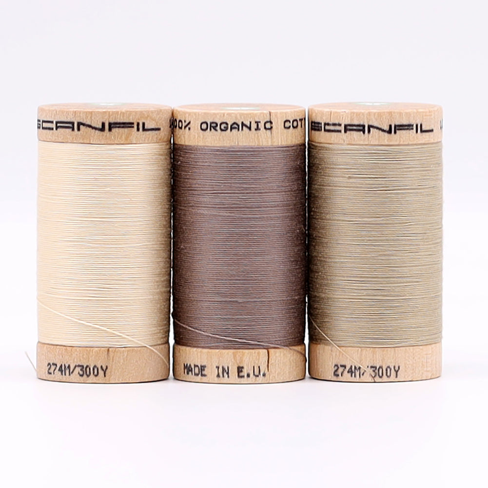 SCANFIL® 30wt Organic Pima Cotton Thread Trio Set - 3ct 300yd Spools - Tan Shades Folded