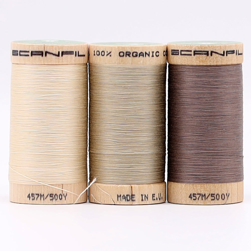 SCANFIL® 50wt Organic Pima Cotton Thread Trio Set - 3ct 500yd Spools - Tan Shades Folded