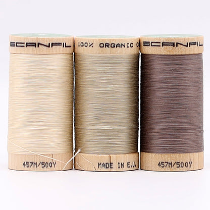 SCANFIL® 50wt Organic Pima Cotton Thread Trio Set - 3ct 500yd Spools - Tan Shades Folded