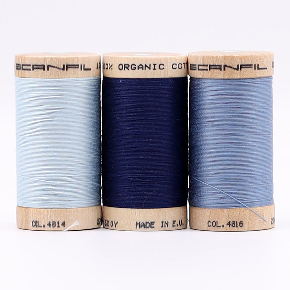 SCANFIL® 30wt Organic Pima Cotton Thread Trio Set - 3ct 300yd Spools - Denim Blues Folded