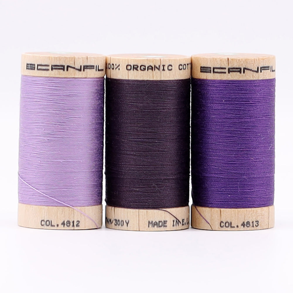 SCANFIL® 30wt Organic Pima Cotton Thread Trio Set - 3ct 300yd Spools - Cool Purples Folded