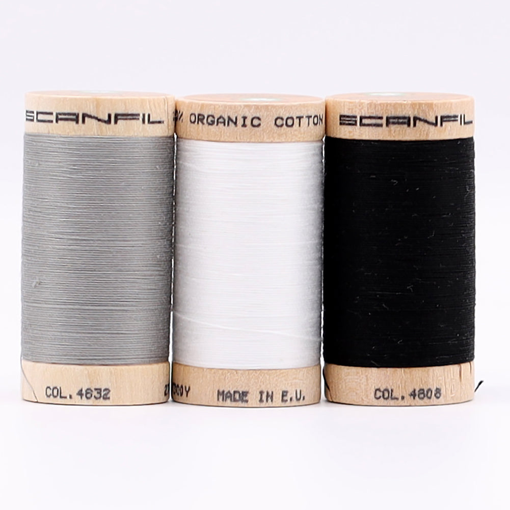 SCANFIL® 30wt Organic Pima Cotton Thread Trio Set - 3ct 300yd Spools - Achromatics Folded