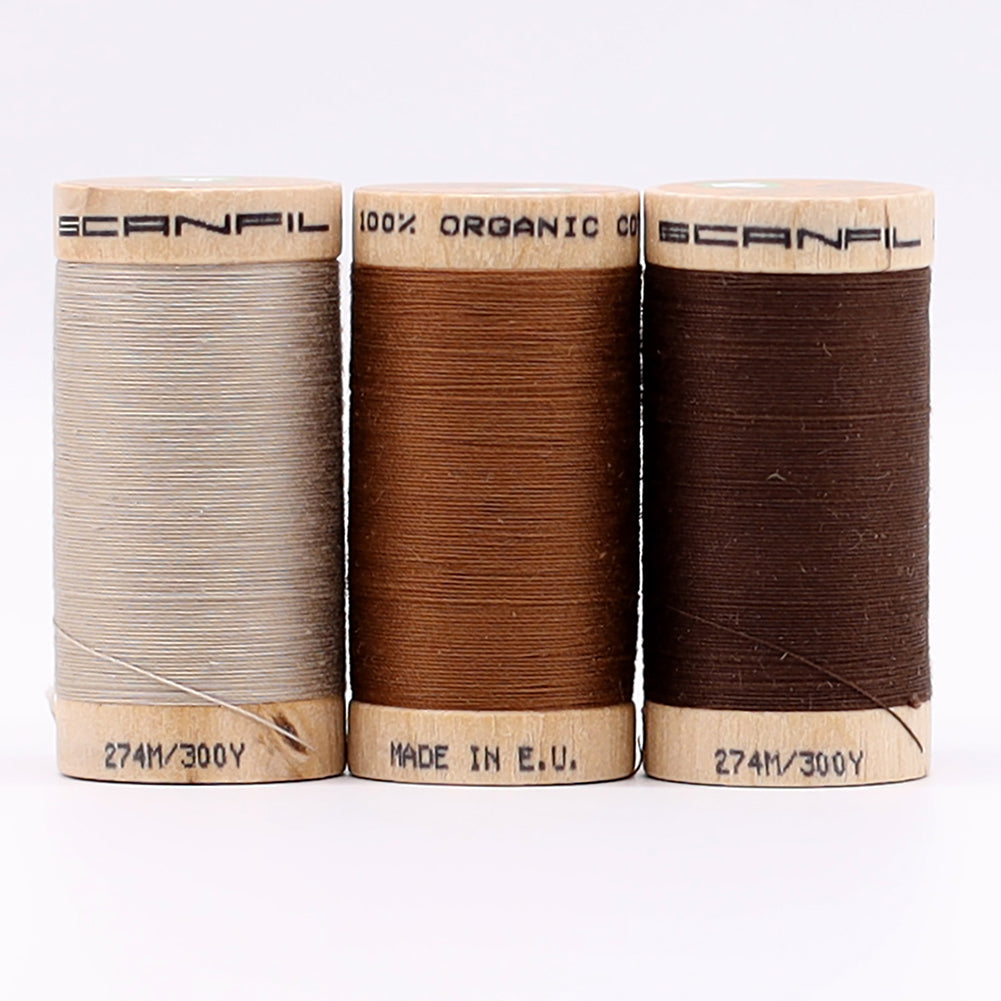SCANFIL® 30wt Organic Pima Cotton Thread Trio Set - 3ct 300yd Spools - Earthy Browns - Detail