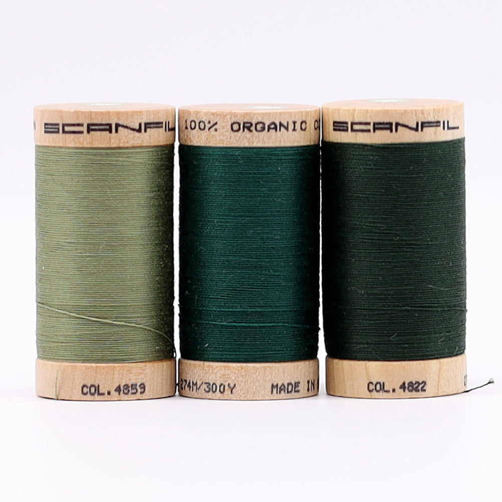 SCANFIL® 30wt Organic Pima Cotton Thread Trio Set - 3ct 300yd Spools - Foresty Greens Folded