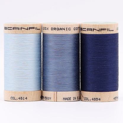 SCANFIL® 50wt Organic Pima Cotton Thread Trio Set - 3ct 500yd Spools - Denim Blues Folded