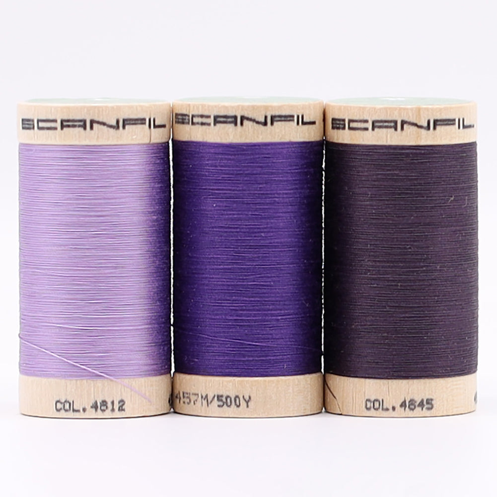 SCANFIL® 50wt Organic Pima Cotton Thread Trio Set - 3ct 500yd Spools - Cool Purples Folded