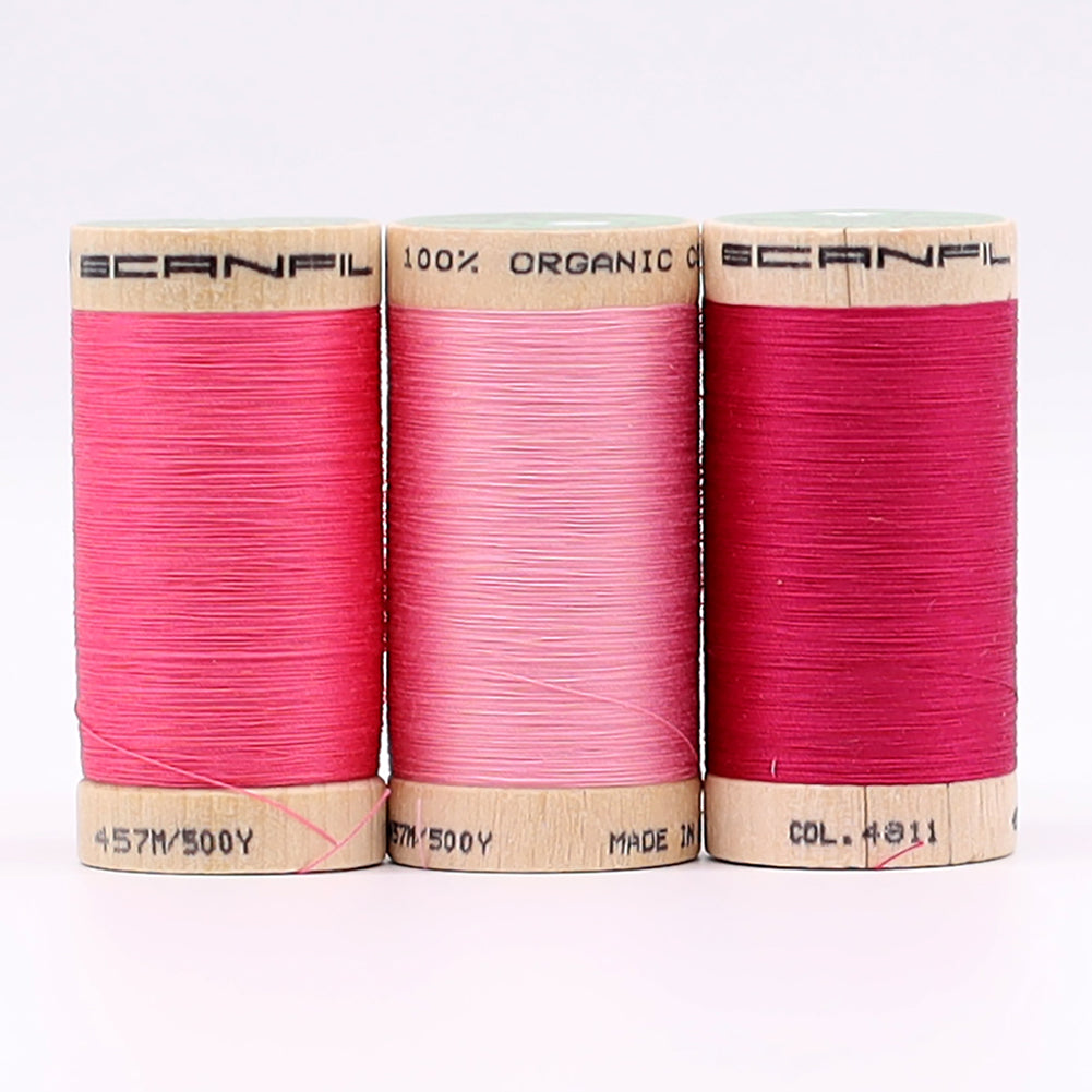 SCANFIL® 50wt Organic Pima Cotton Thread Trio Set - 3ct 500yd Spools - Pretty Pinks Folded