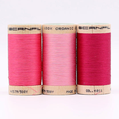SCANFIL® 50wt Organic Pima Cotton Thread Trio Set - 3ct 500yd Spools - Pretty Pinks Folded