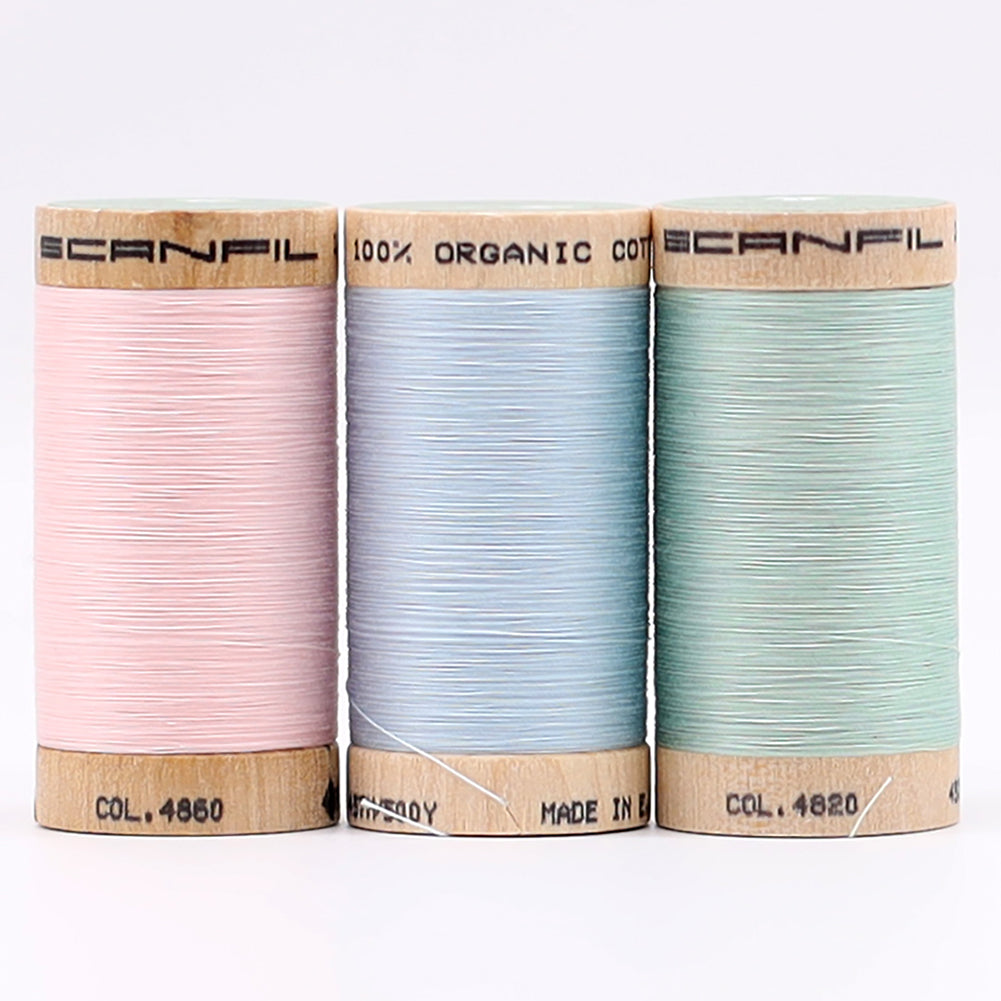 SCANFIL® 50wt Organic Pima Cotton Thread Trio Set - 3ct 500yd Spools - Baby Pastels - Detail