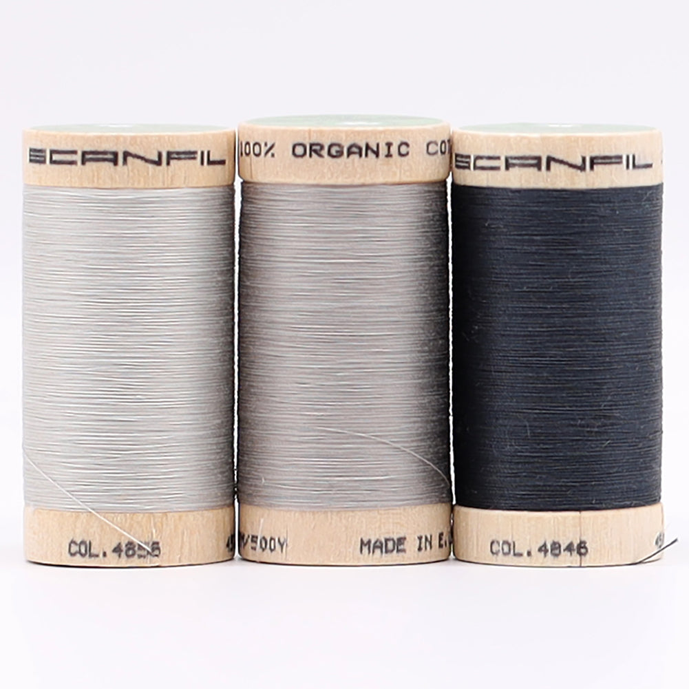 SCANFIL® 50wt Organic Pima Cotton Thread Trio Set - 3ct 500yd Spools - Stormy Grays Folded