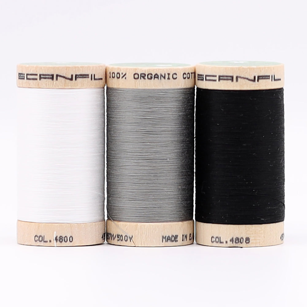 SCANFIL® 50wt Organic Pima Cotton Thread Trio Set - 3ct 500yd Spools - Achromatics - Detail
