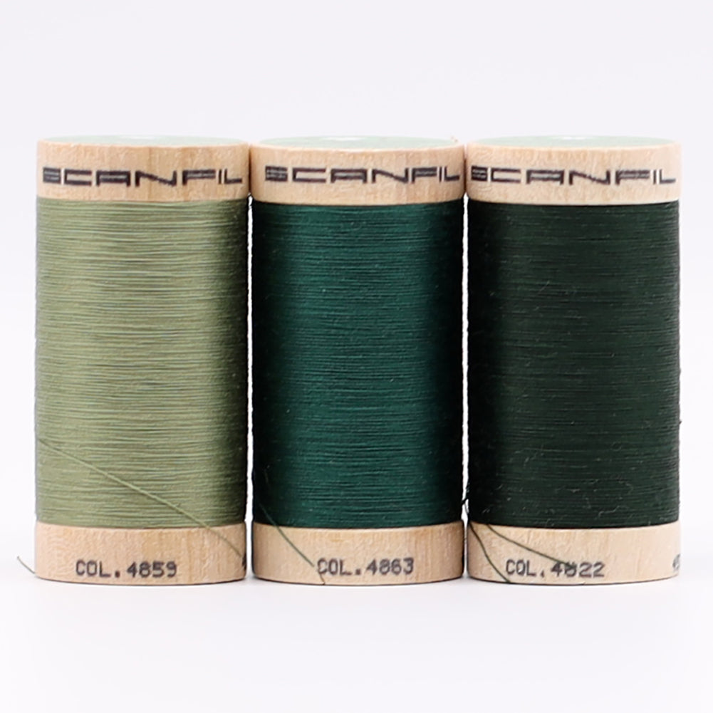 SCANFIL® 50wt Organic Pima Cotton Thread Trio Set - 3ct 500yd Spools - Foresty Greens Folded