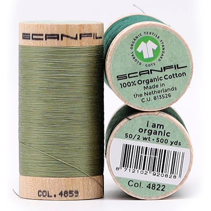 SCANFIL® 50wt Organic Pima Cotton Thread Trio Set - 3ct 500yd Spools - Foresty Greens Detail